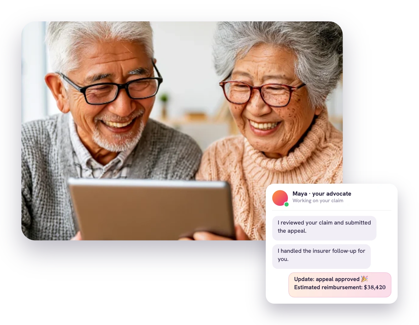 A senior couple smiling at a tablet, with a chat from Maya their advocate showing an approved $38,420 reimbursement